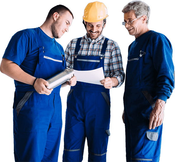 Blue-collar workers inspecting a plan transparent background