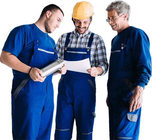 Blue-collar workers inspecting a plan transparent background